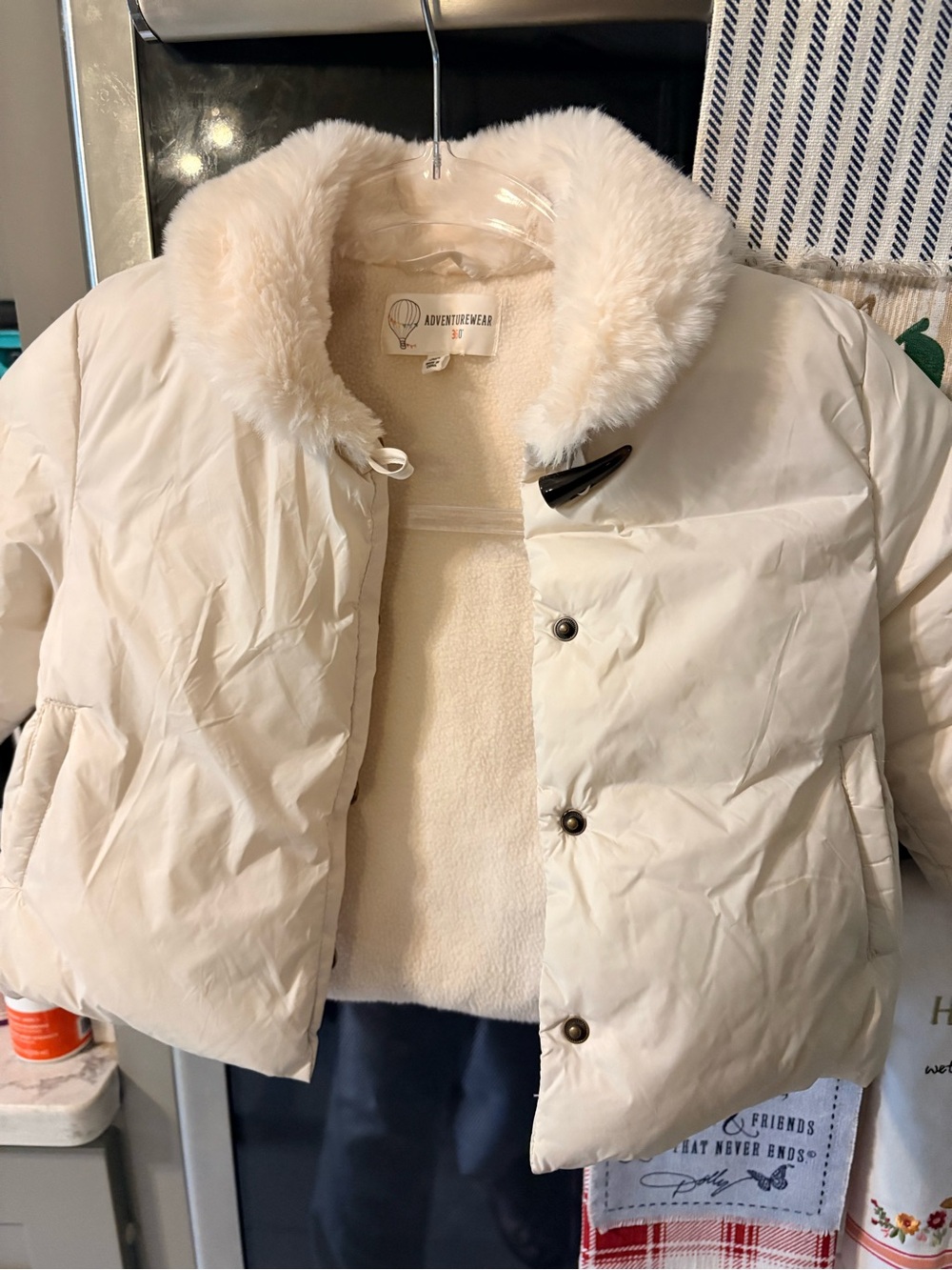 Girls' Cream Puffer Jacket with Faux-Fur Collar